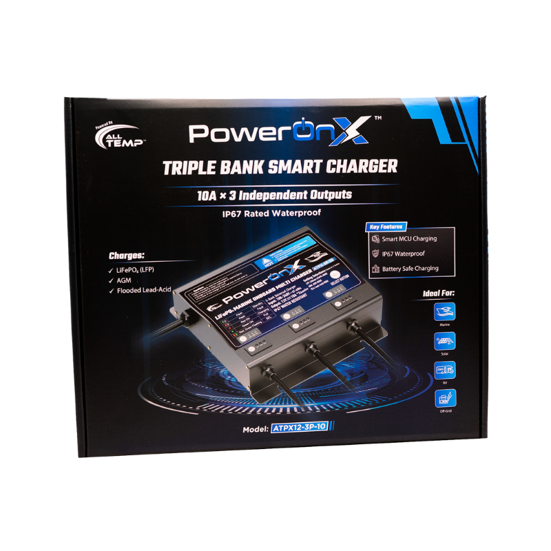 All Temp - PowerOnX 12V 10A 3 Bank Marine - Battery Charger